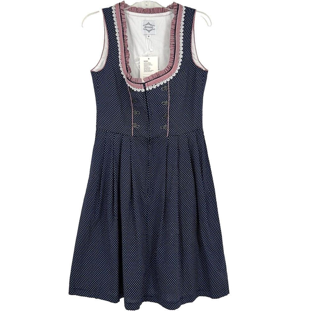 NEW Bennies Dirndl Dress Costume Blue Polka Dot Red Trim Size 36 US Size 4/S